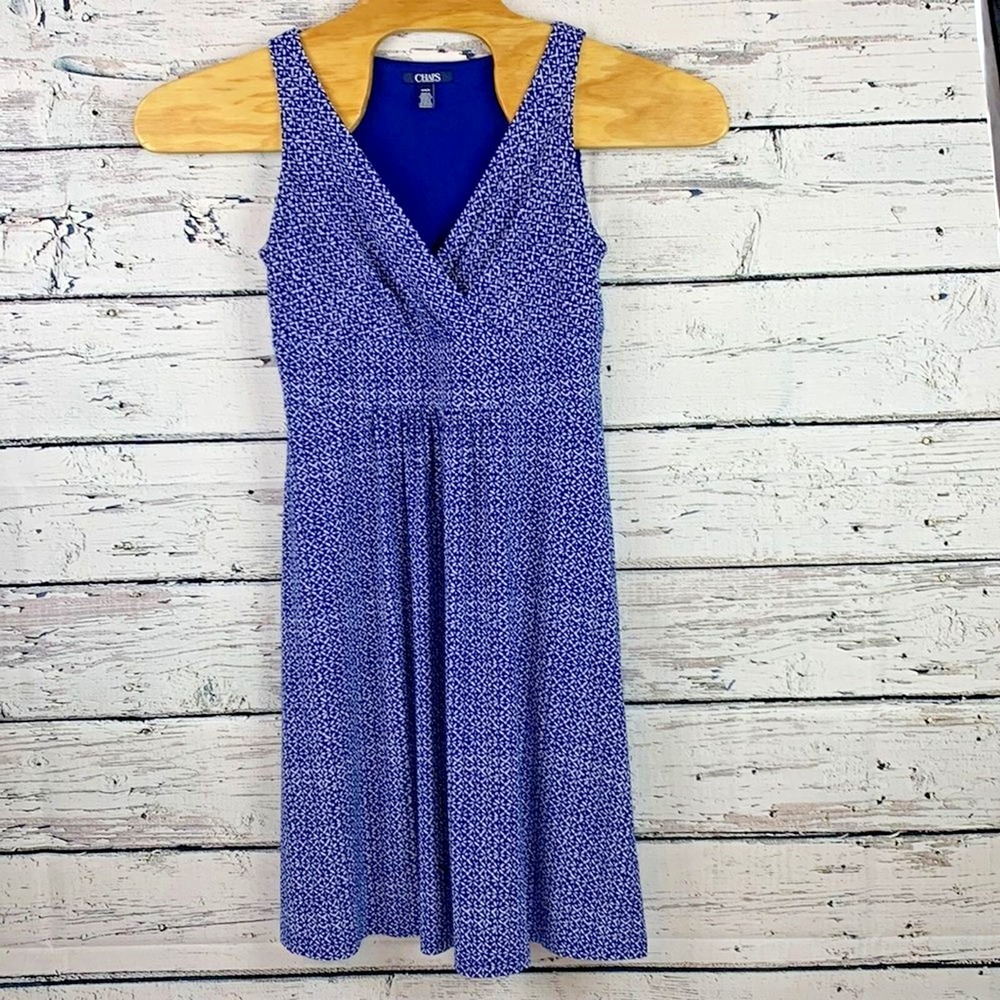 Chaps Sleeveless‎ Dress Blue White Print V-Neck Casual Dress [Size Medium]